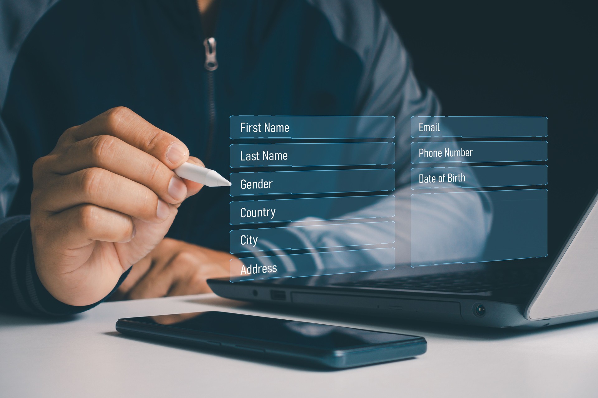 Filling your information. Register your personal data details information, Business people fill online application form with name, email, address, phone number and date of birth for registration.